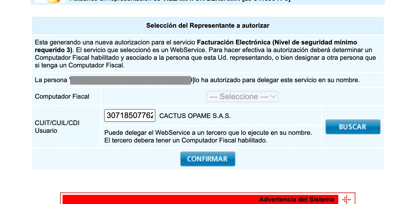 Confirmar delegación con el CUIT de Cactus